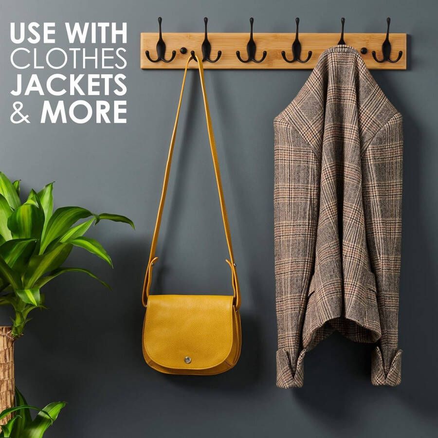 Kapstok Muur Wandkapstok Hout met 6 Zwarte Haken 59 cm