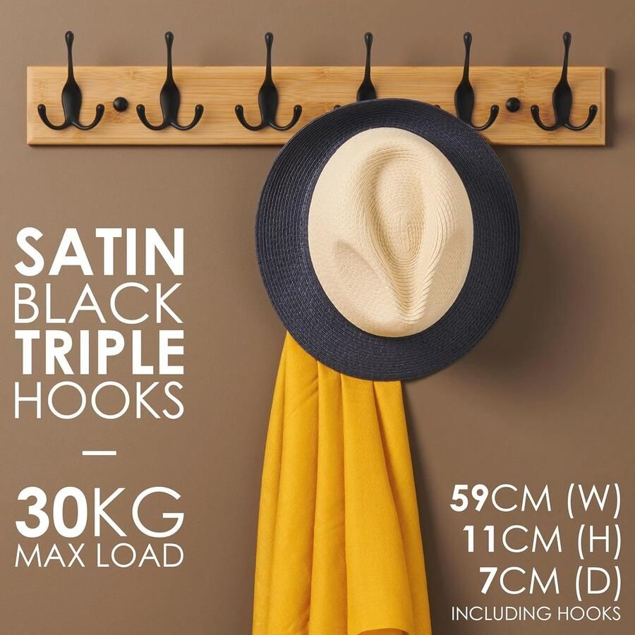 Kapstok Muur Wandkapstok Hout met 6 Zwarte Haken 59 cm