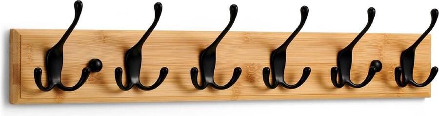 Kapstok Muur Wandkapstok Hout met 6 Zwarte Haken 59 cm