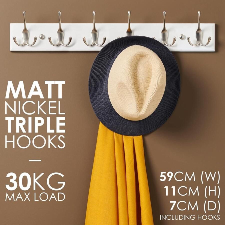 Kapstok Muur Wandkapstok Wit 6 Mat-Nikkel Haken 59 cm Kapstok