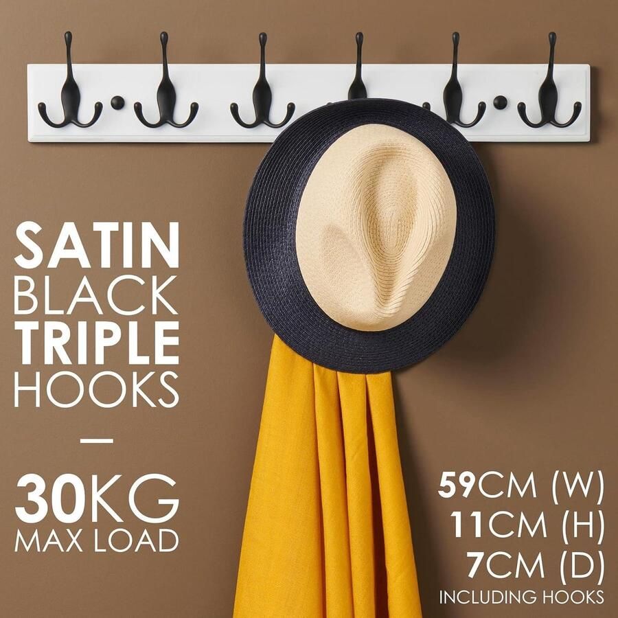 Kapstok Muur Witte Wandkapstok met 6 Zwarte Haken 59 cm