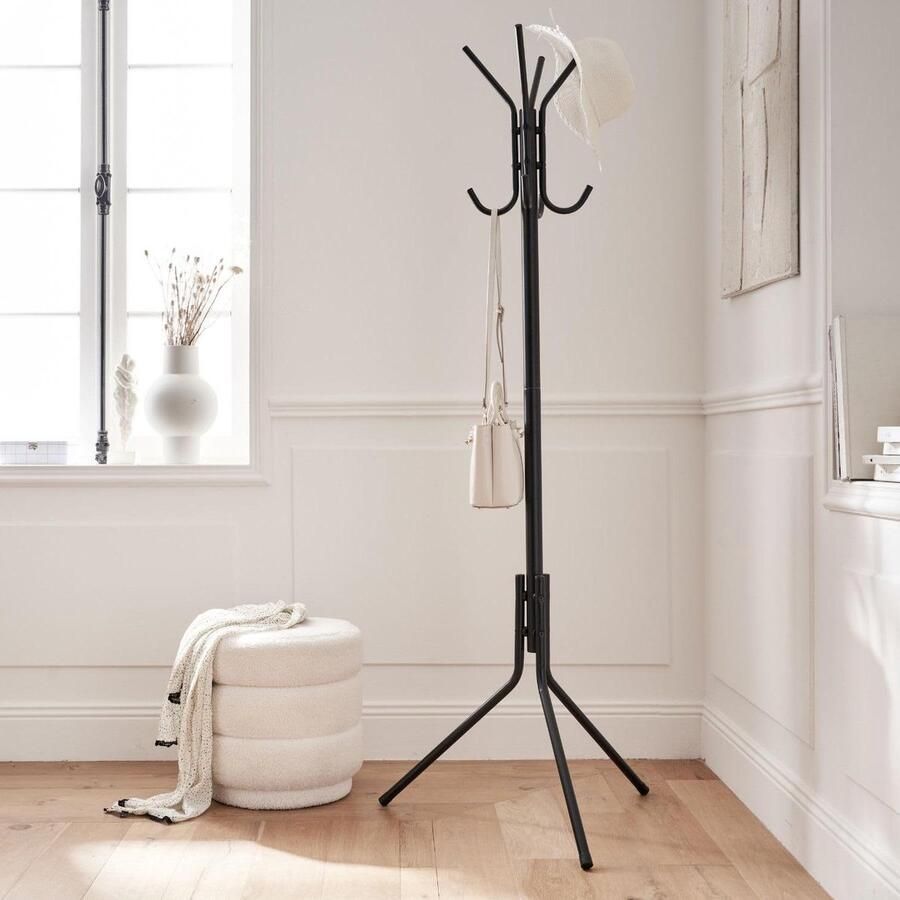 Kapstok op metalen poten 8 koppen zwart 178 x 62 x 62 cm moderne uitstraling Kapstok