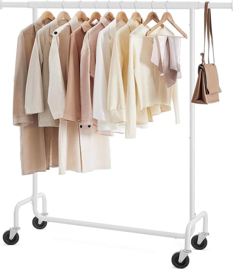 Kapstok op wielen zware uitvoering uitschuifbare kledingstang belastbaar tot 136 kg metaal verchroomd mat wit Opvouwbare kledingrek