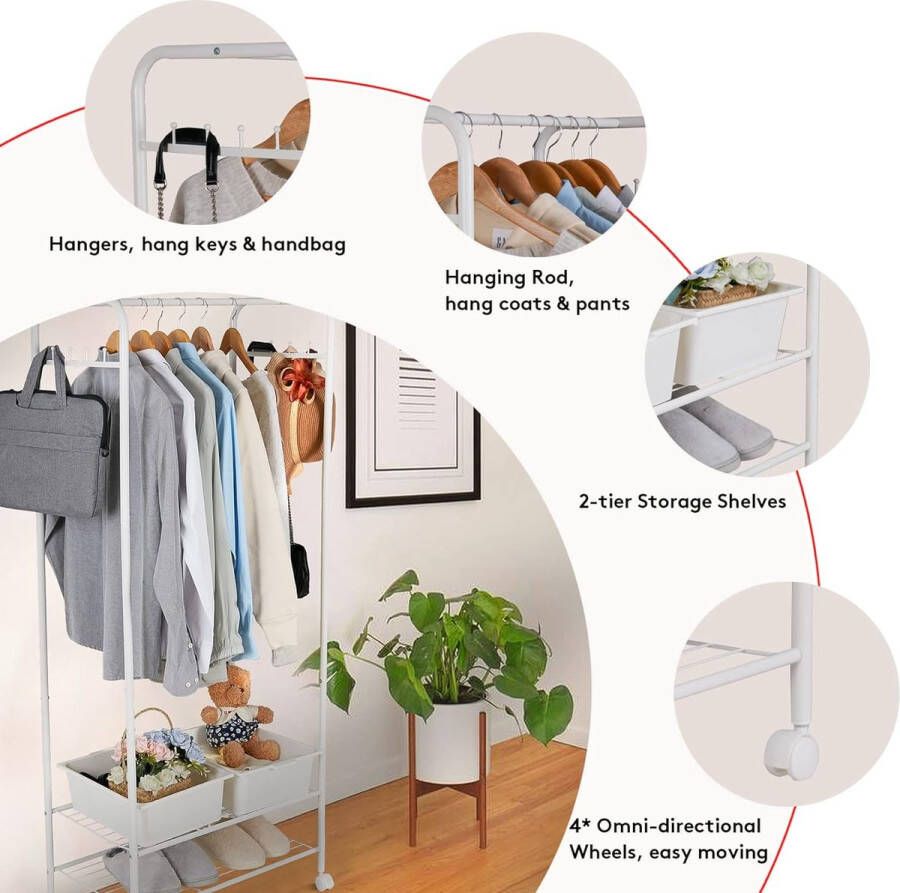 Kapstok op wieltjes metalen kledingstandaard met 2 planken voor dozen met kledingstang en haken voor winkel slaapkamer kleedkamer - Foto 2