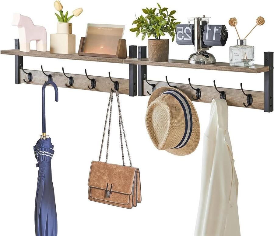 Kapstok plank muur gemonteerd haken set van 2 ingang kapstok hanger 10 haken zwevende plank hoedenrek keuken slaapkamer badkamer zilvergrijs 120 × 11 × 195 cm kapstok hangend met plank