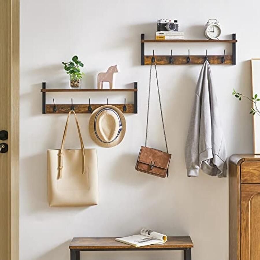 Kapstok plank muur gemonteerd kapstok haken set van 2 ingang kapstok hanger met 10 haken muur zwevende plank met hoedenrek voor keuken slaapkamer badkamer rustiek bruin 120 × 11 × 19 5 cm