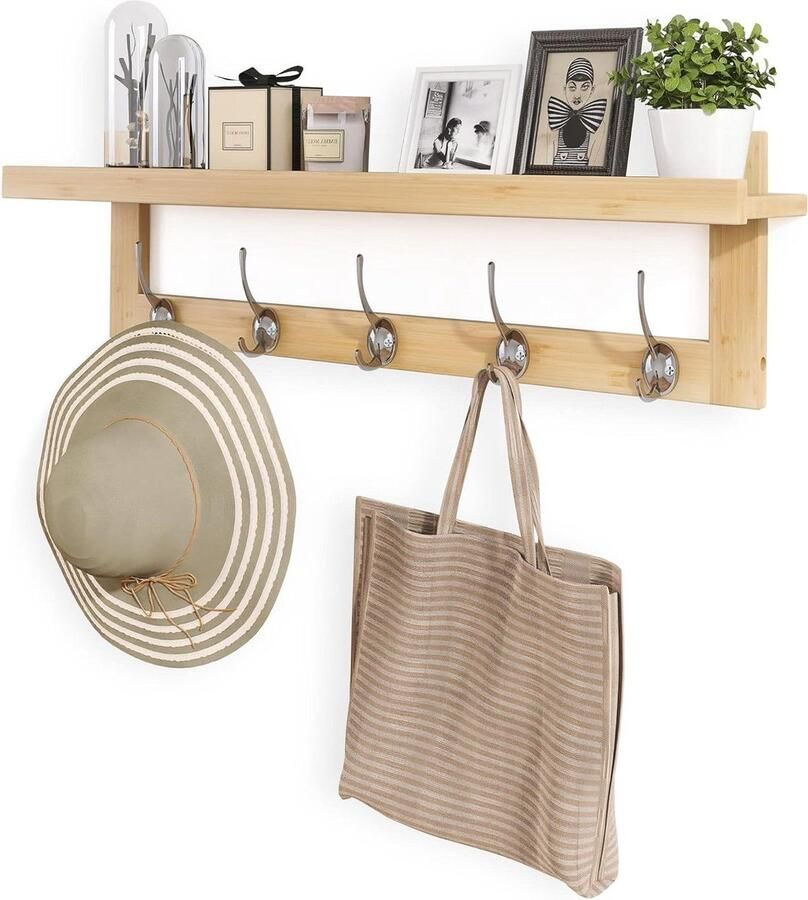Kapstok Plank Wandmontage 74 cm Hal Kapstok Muur Bamboe Hangende Plank 5 Dubbele Metalen Haken Badkamer Slaapkamer Keuken Woonkamer Mudroom (Naturel)