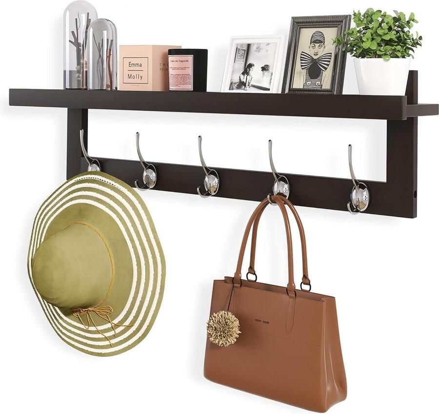 Kapstok Plank Wandmontage 74 cm Hal Kapstok Muur Bamboe Hangplank 5 Dubbele Metalen Haken Badkamer Slaapkamer Keuken Woonkamer Mudroom Donkerbruin