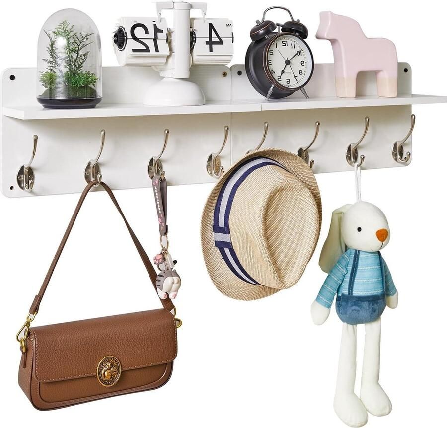 Kapstok plank wandmontage houten kapstokhaken set van 2 entree kapstok met 8 haken 80 cm L zwevende planken sleutelhouder voor keuken slaapkamer badkamer woonkamer wit HWS006W-2 met YMYNY hook coat rack wall mounted