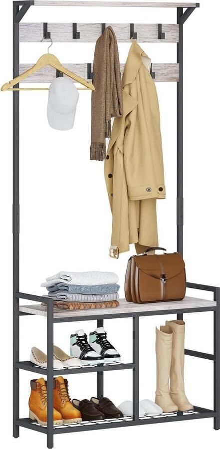 Kapstok Schoenbank Hall Tree Opbergbank met 3-in-1 Ontwerp Houten Look Accent Meubel met Metalen Frame (Zwart en Grijs)