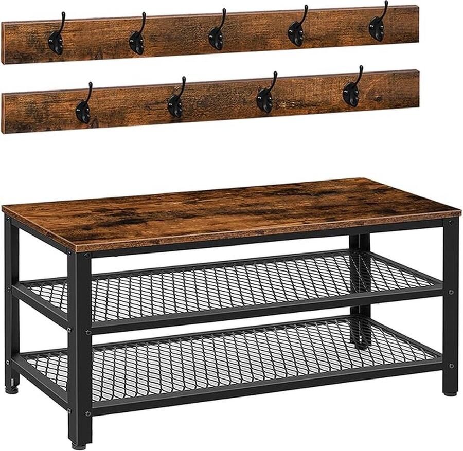 Kapstok Schoenbank Set 100cm kledingrek met 9 haken schoenenrek met zitting kapstok met bank veel opbergruimte metalen frame Industrieel ontwerp vintage bruin-zwart EBF171MT01