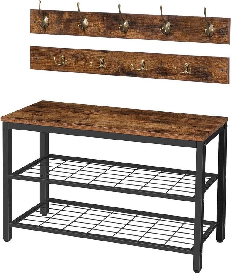 Kapstok schoenenrek set met schoenbank Industrieel design Ruimtebesparend 9 haken Bankje met zitting Kledingrek met 2 rasterplanken kapstok