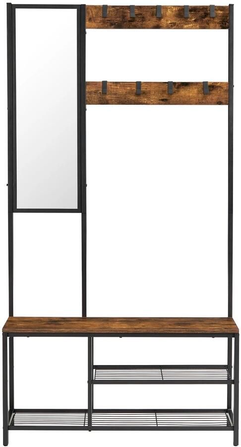 Kapstok Schoenenrek Zitbank Spiegel Zwart Staal Hout Vintage Halkast 4in1 Opbergrek