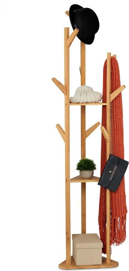Relaxdays kapstok staand 9 haken 2 planken bamboe 168 5 x 47 x 47 cm natuur