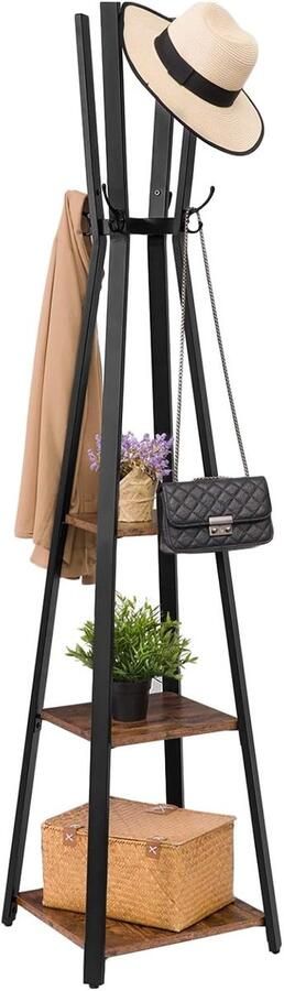 Kapstok staand hout Garderoberek met 4 Haken en 3 Planken Industrieel Design Ruimtebesparend Vrijstaand Kledingrek Stabiel Kleding Hoeden Tassen Hal Kapstokken