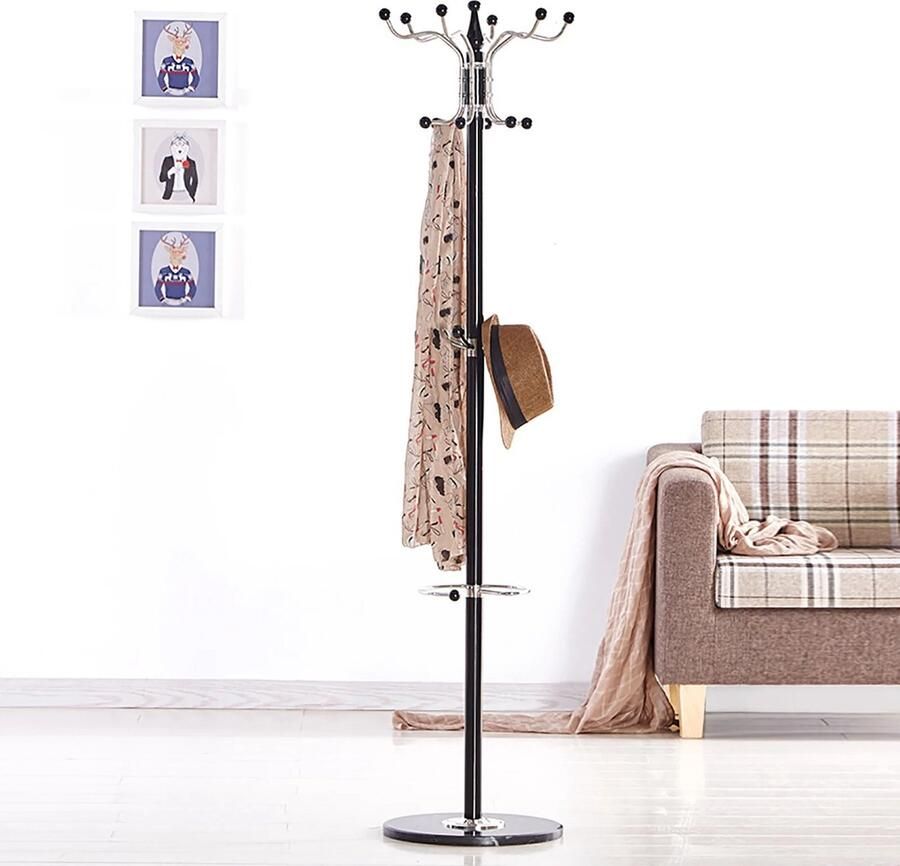 Kapstok Staande kapstok Zwart Rond Metalen kapstok Marmeren voet 16 haken Met hoedjes standaard Tassen Paraplu's