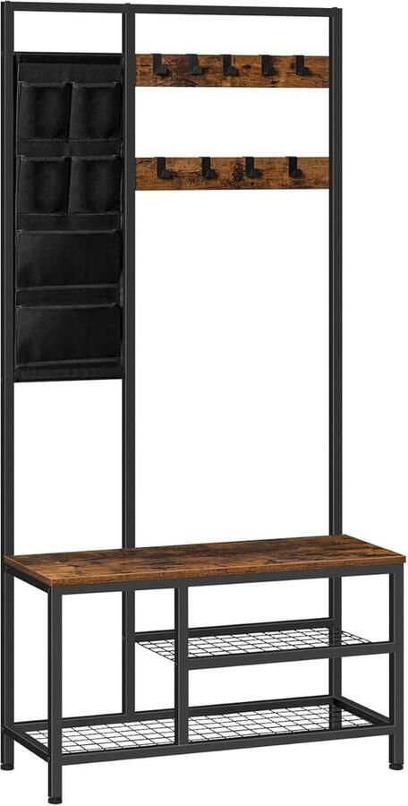 Kapstok standaard hal boom met schoenenopbergbank vrijstaande kapstok met 9 afneembare haken niet-geweven opbergzak 80 x 30 x 180 cm entree opbergplank rustiek bruin EBF24MT01