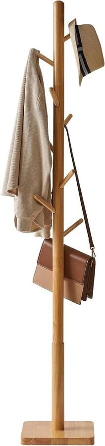 Coat Rack Stand with Square Base Wooden Hallway Tree Freestanding with 8 Hooks 29 x 29 x 176 cm Natural