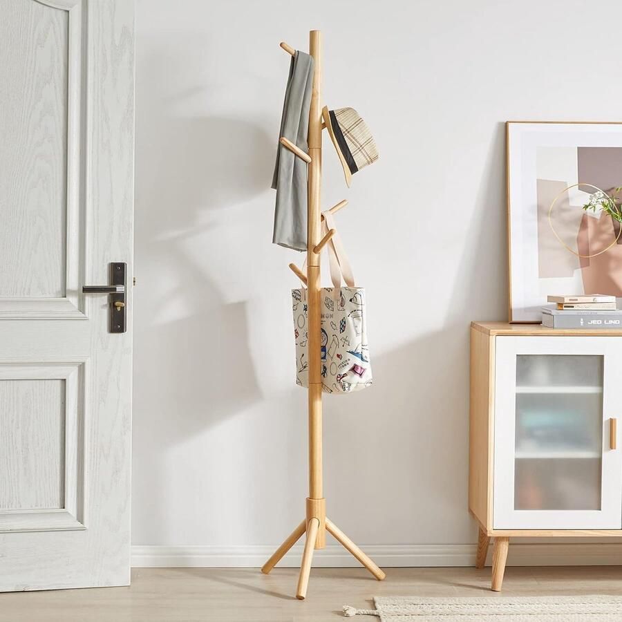 Senza Marchio Kapstok van massief hout kledingstandaard met 8 haken vrijstaande garderobe in boomvorm voor jassen hoeden tassen entree hal (houtkleur)