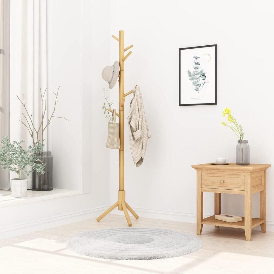 Massief houten kapstok met 8 haken Vrijstaande boomvormige kledingstandaard voor jassen hoeden tassen Entree hal kapstok (houtkleur)