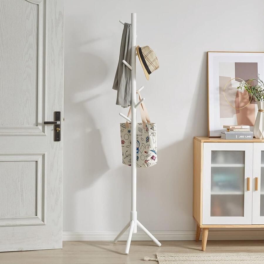 Kapstok van massief hout kledingstandaard met 8 haken vrijstaande kapstok in boomvorm voor jassen hoeden tassen entree hal (wit)