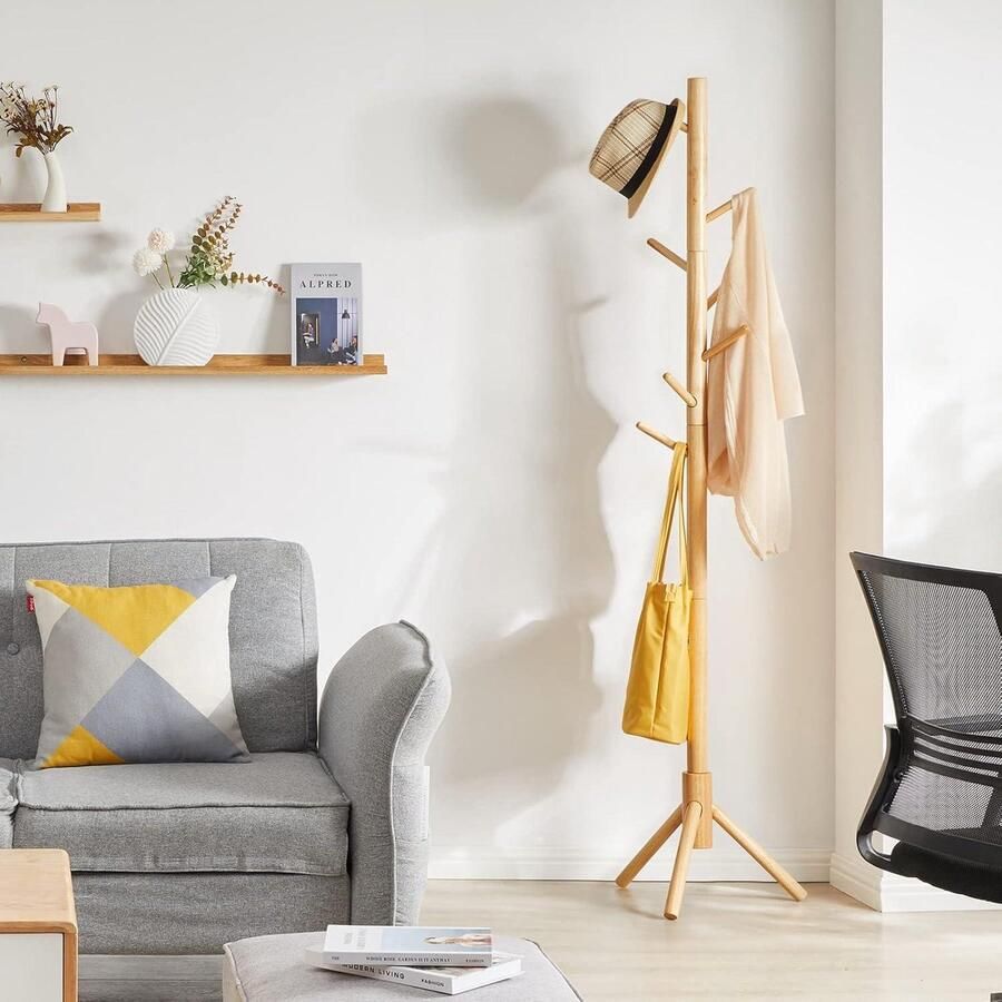 Kapstok van massief hout kledingstandaard met 8 haken vrijstaande kapstok in boomvorm voor jassen hoeden tassen entree hal (houtkleur) HD-HRF-1193
