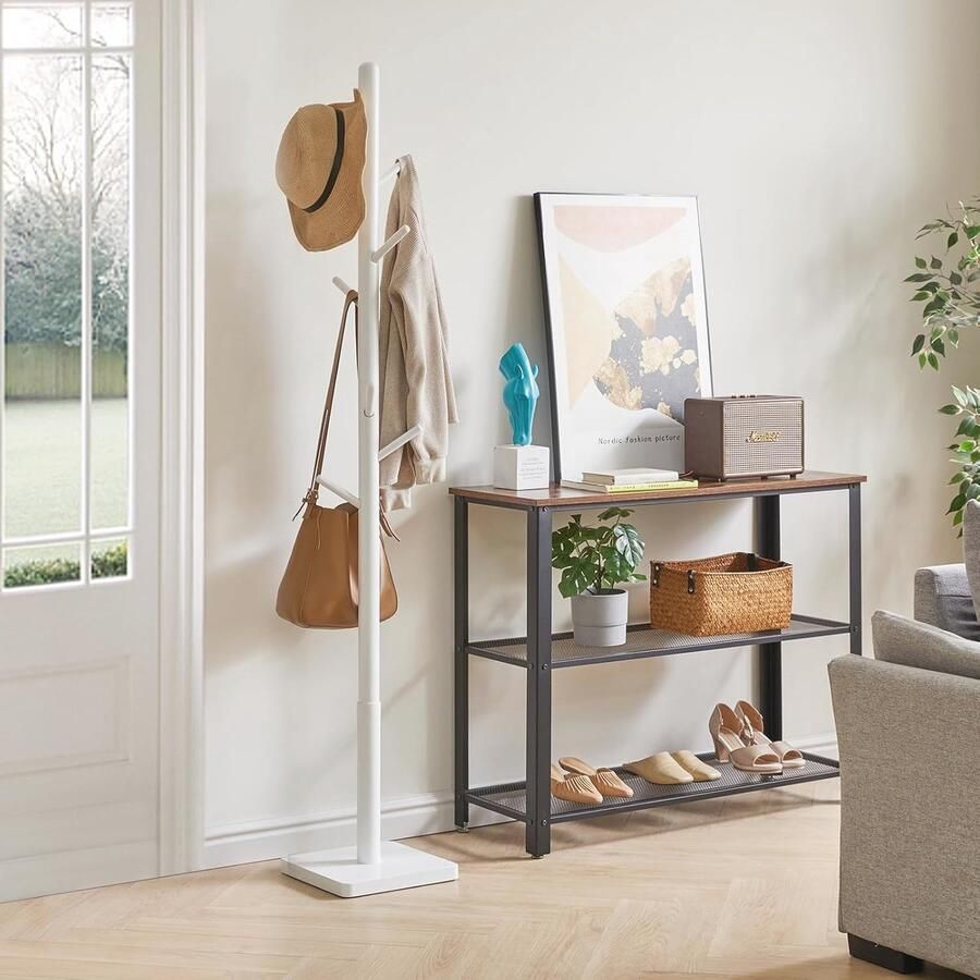 Retadou Kapstok van massief hout verdikte vierkante basis kledingstandaard in boomvorm 3 verstelbare hoogtes 8 haken vrijstaand robuust voor tas kleding woonkamer wit - Foto 2