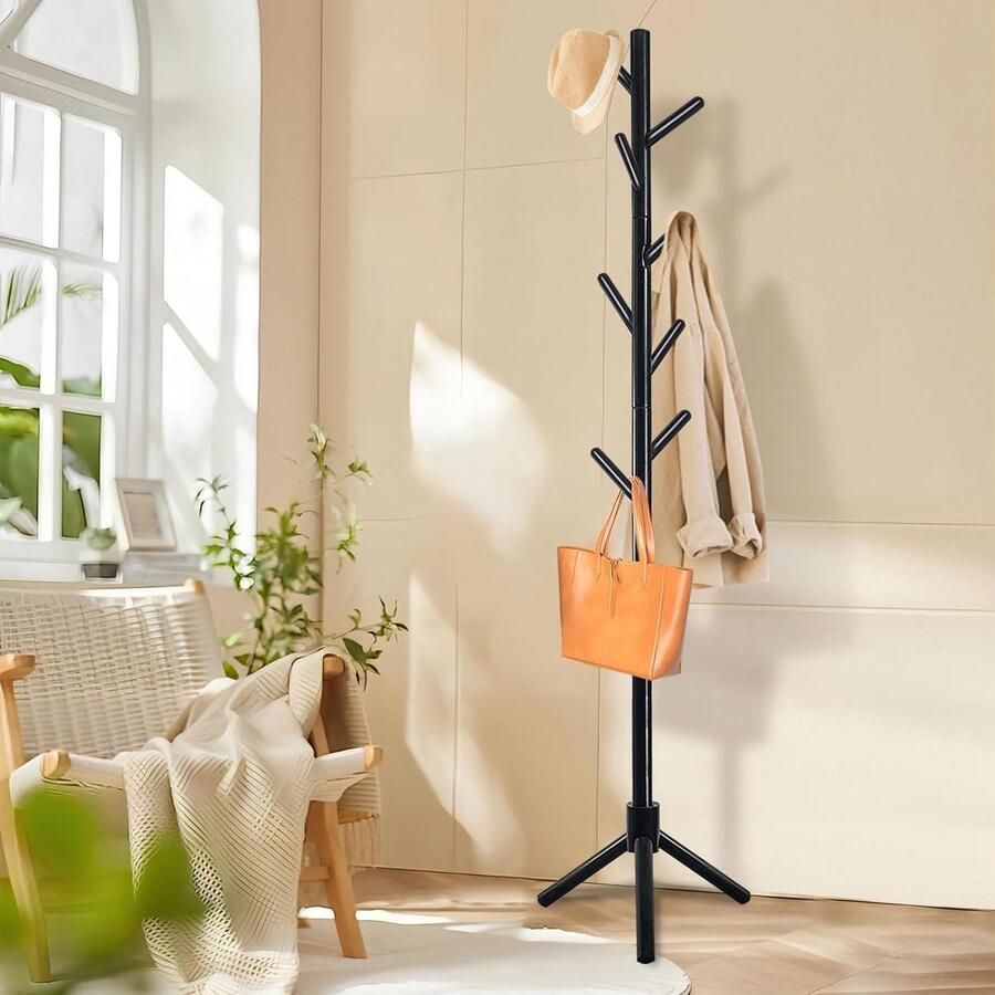 Kapstok van massief hout rubberhout zwart voor kleding hoeden tassen ingang woonkamer slaapkamer kantoor 8 haken 3 verstelbare hoogtes 42 x 180 cm