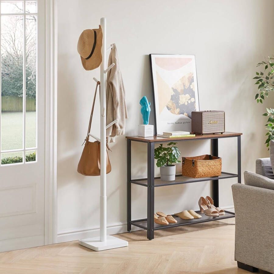 Kapstok van massief hout verdikte vierkante basis kledingstandaard in boomvorm 3 verstelbare hoogtes 8 haken vrijstaand robuust voor tas kleding woonkamer wit