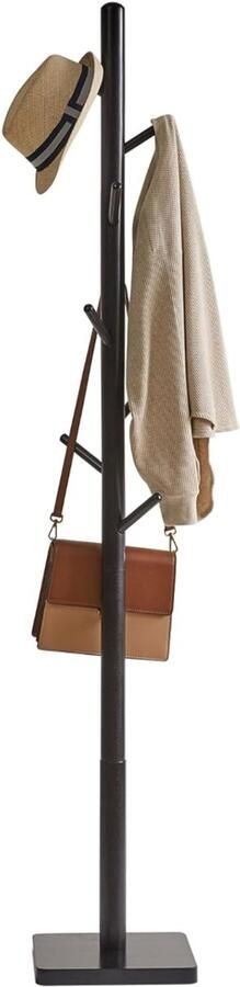 Kapstok van massief hout vrijstaand kledingrek met 8 haken verdikte vierkante basis boomvorm met 3 verstelbare hoogtes voor tas kleding woonkamer zwart