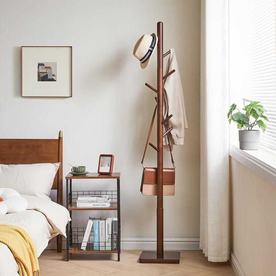 Bastix Kapstok van massief hout vrijstaande kledingstandaard met 8 haken verdikte vierkante basis boomvorm met 3 verstelbare hoogtes voor tas kleding woonkamer bruin - Foto 2