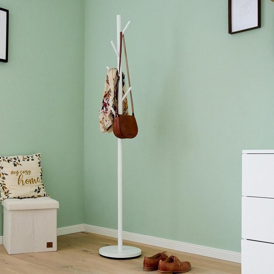 Kapstok van metaal moderne jasstandaard met 5 haken voor hal slaapkamer kantoor 170 cm hoog stabiel wit