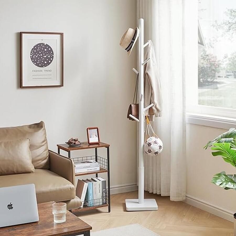 Kapstok verdikte vierkante basis hout 3 verstelbare hoogtes 8 haken 30D x 30B x 175H centimeter Laadvermogen 80 kg wit