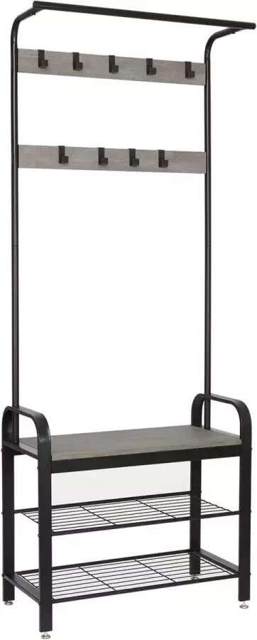 Kapstok Vintage kapstok industrieel 2 draadplanken 72 x 34 x 183 cm grijze houtnerf schoenenkast