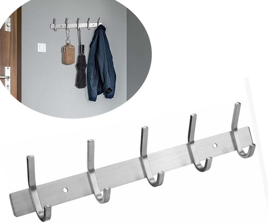 Kapstok voor aan de muur Geborsteld nikkel 15 inch roestvrijstalen haakrail met 5 stevige dubbele kapstokhaken Aan de muur bevestigde kapstok voor entree badkamer slaapkamer handdoek- en hoedenorganizer