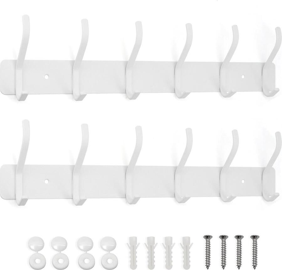 Kapstok voor aan de muur kapstok wit zware metalen lijst roestvrij staal met 6 haken wandkapstok voor wandgarderobe slaapkamer mat wit 2 stuks