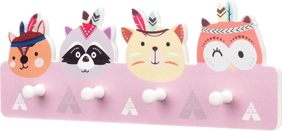 Stevige en stabiele kinderkapstok met 4 kapstokhaken van hout Dierendesign