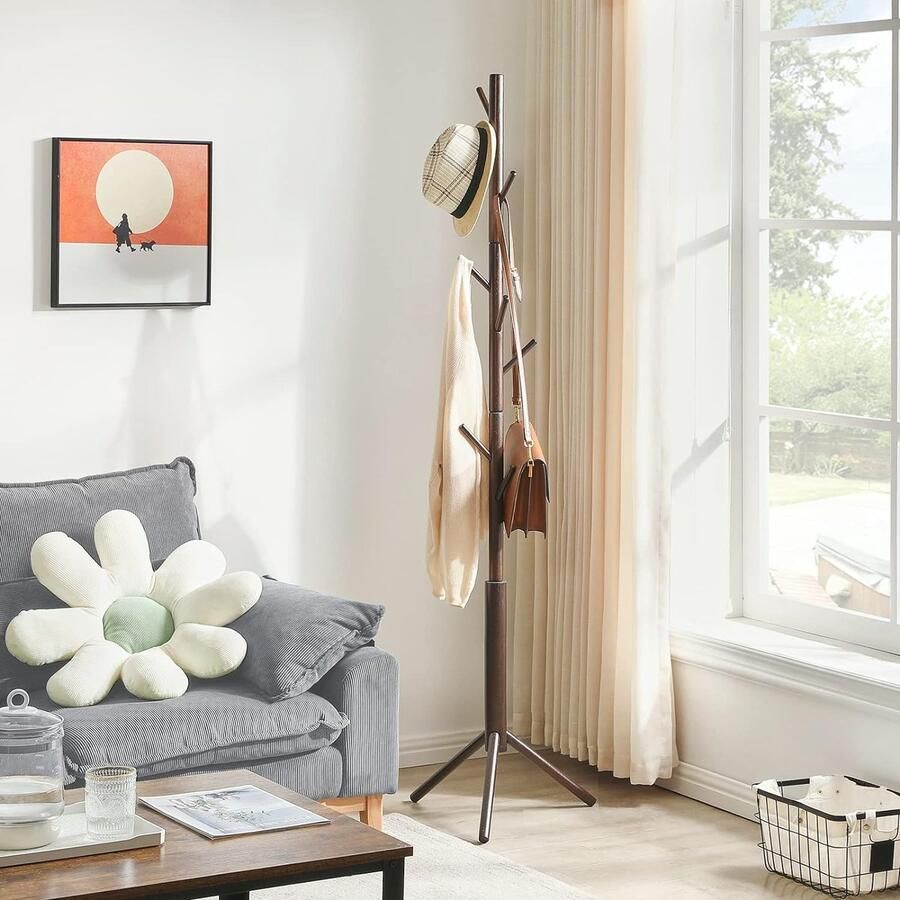 Senza Marchio Kapstok vrijstaand houten kapboom met 8 haken verstelbare hal boom voor toegang woonkamer hal slaapkamer kleerhanger voor hoeden handtassen kleding portemonnee paraplu bruine