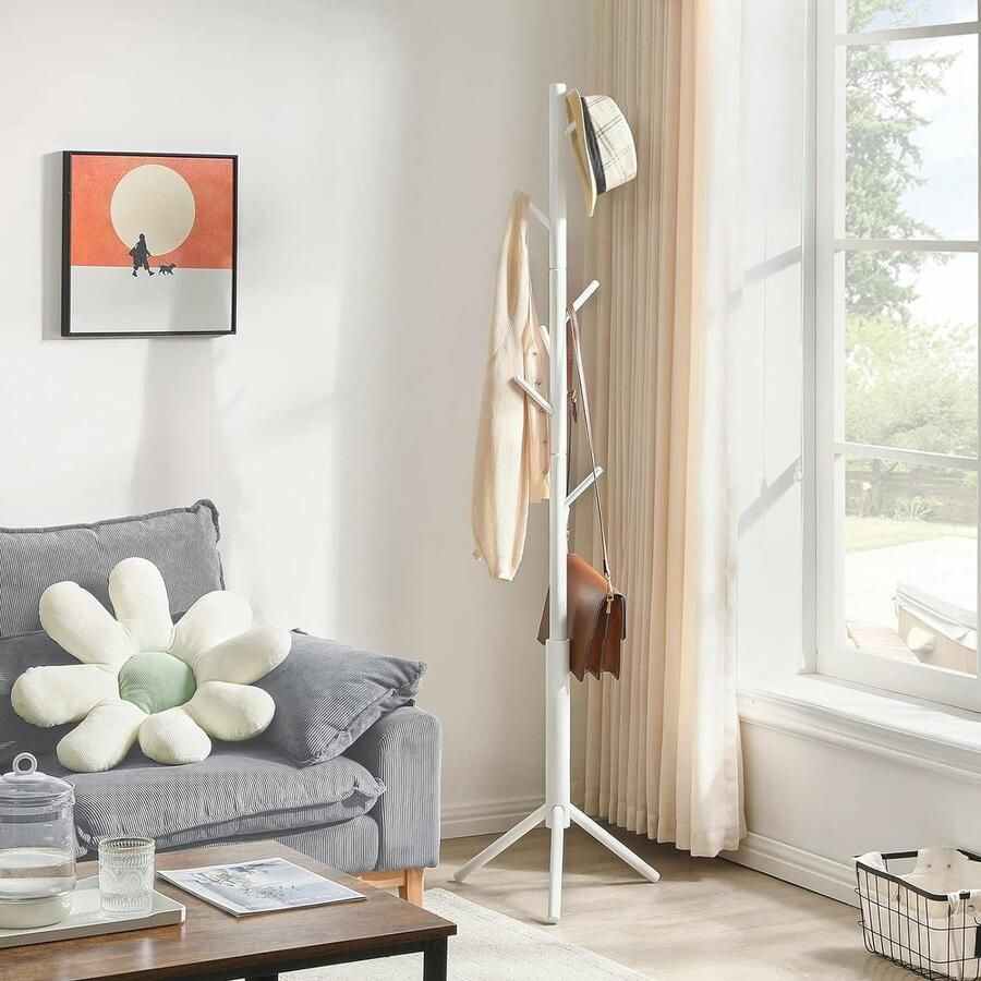 Houten kapstok standaard boomvormige kleerhanger met 8 haken en 3 verstelbare maten voor toegang slaapkamer kantoor geschikt voor volwassenen en kinderen eenvoudige montage set van 2 wit