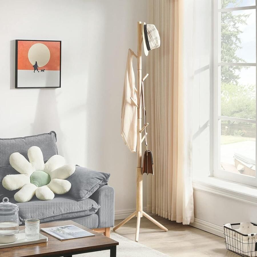 Kapstok vrijstaand houten kapstok met 8 haken verstelbare hal boom voor toegang woonkamer hal slaapkamer kleerhanger voor hoed handtas kleding portemonnee paraplu natuurlijk