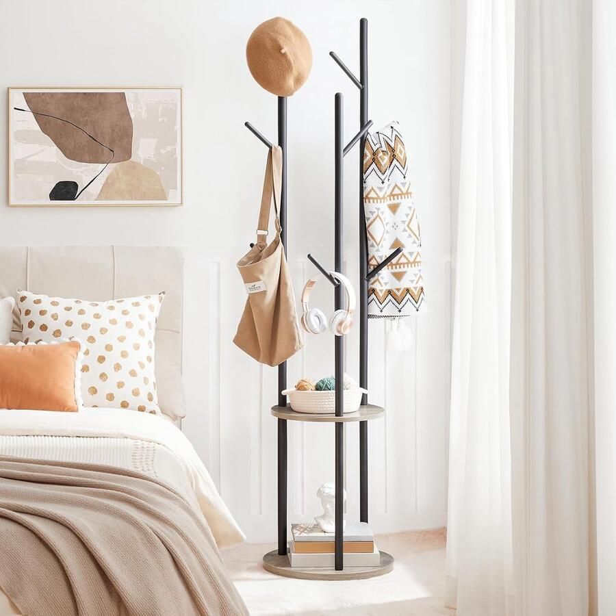 Kapstok vrijstaand kledingrek garderobe in boomvorm met 8 haken 2 ronde planken voor kleding hoed tas woonkamer slaapkamer kantoor greige-zwart