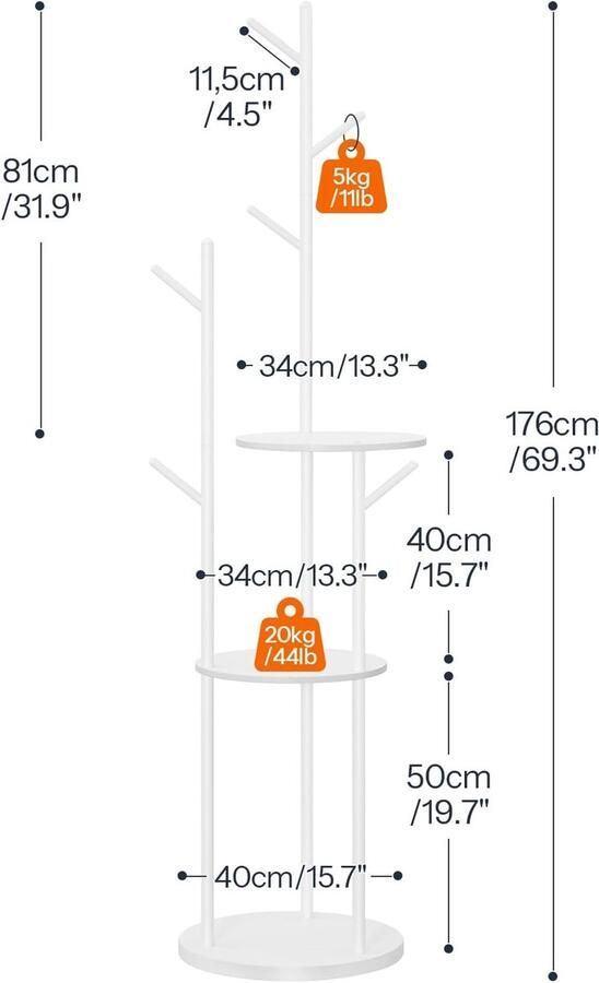 Kapstok EWT36YM01 – Vrijstaand kledingrek in boomvorm – 6 haken en 3 planken – Wit – Voor hal slaapkamer of woonkamer