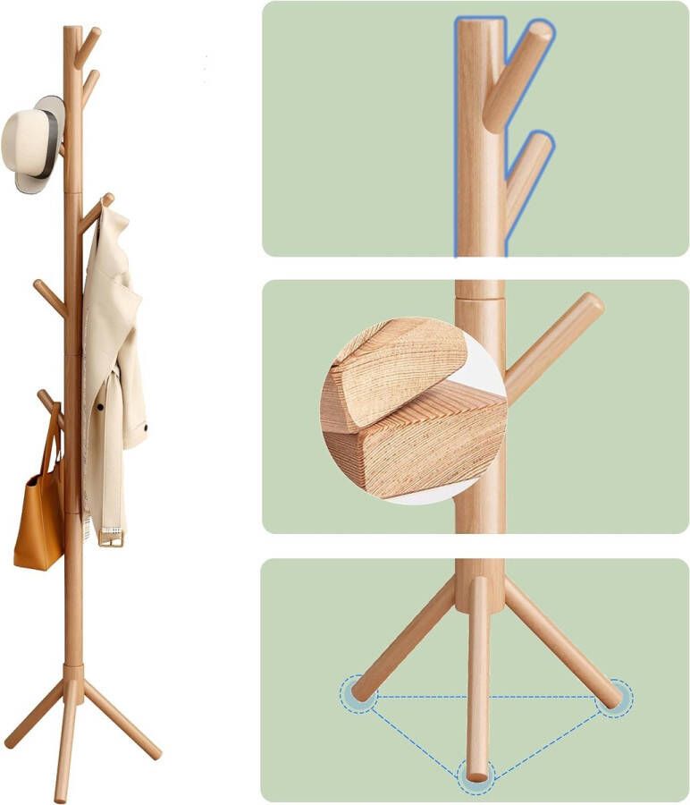 Kapstok vrijstaand massief houten kledingrek met 8 haken 3 verstelbare hoogtes in boomvorm voor hoeden kleding tassen voor hal woonkamer slaapkamer houtkleur