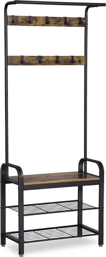 Kapstok vrijstaande halboom kledingstandaard met afneembare haken bank en schoenenrek hoogte 183 cm staal industrie rustiek bruin en zwart HSR40B
