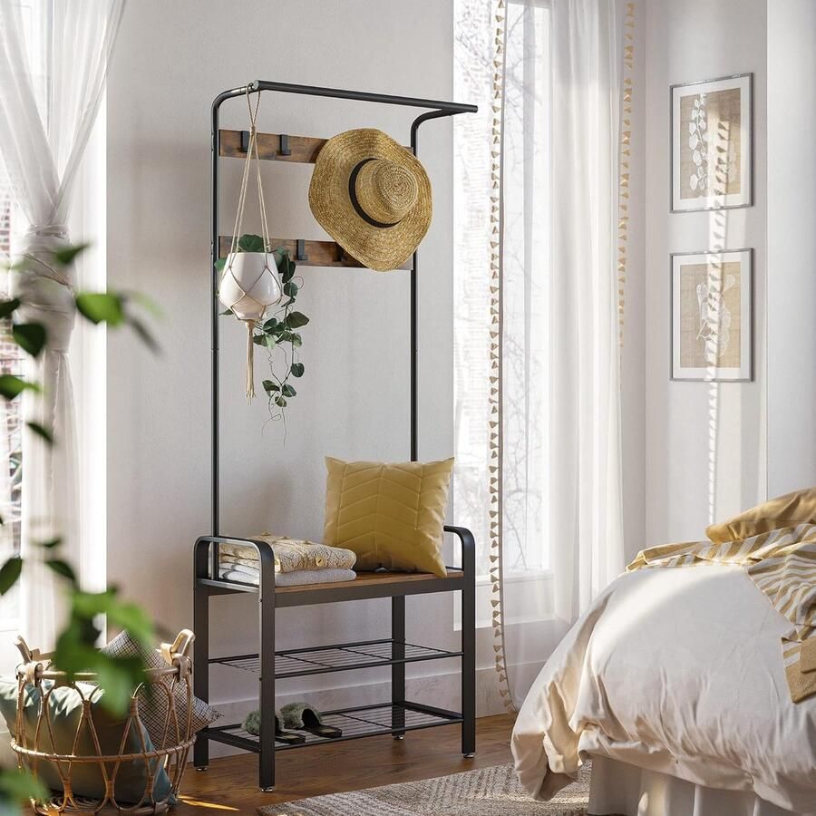 Kapstok vrijstaande halboom kledingstandaard met afneembare haken bank en schoenenrek hoogte 183 cm staal industrie rustiek bruin en zwart HSR40B