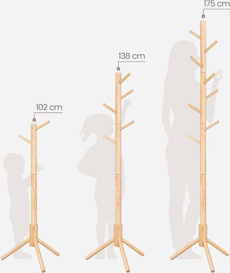 Kapstok vrijstaande kapstok garderobe van massief hout boomvormig met 8 haken voor kleding hoeden tassen gang entree natuurlijke kleur RCR004N01