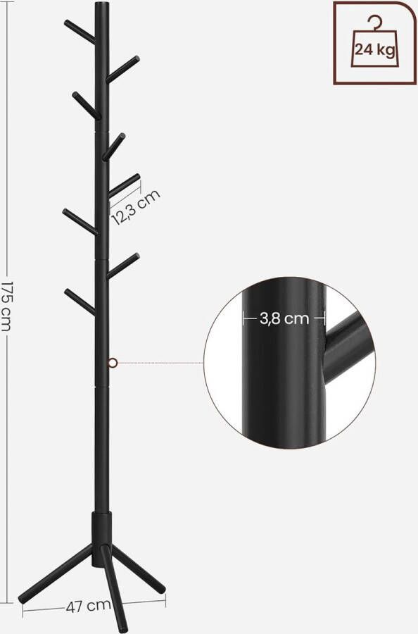 Kapstok vrijstaande kapstok garderobe van massief hout in boomvorm met 8 haken voor kleding hoeden tassen gang entree zwart