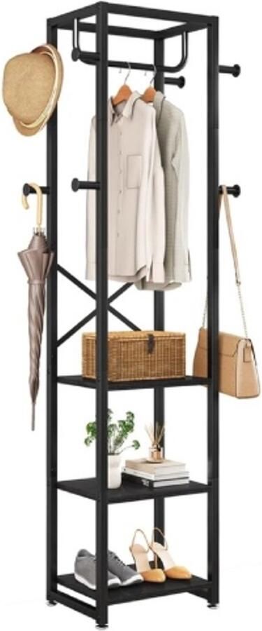 Retadou Kapstok kledingrek met 3 planken en 8 haken vrijstaande garderobe industriële stijl voor sjaals tassen paraplu's en dozen vintage bruin-zwart