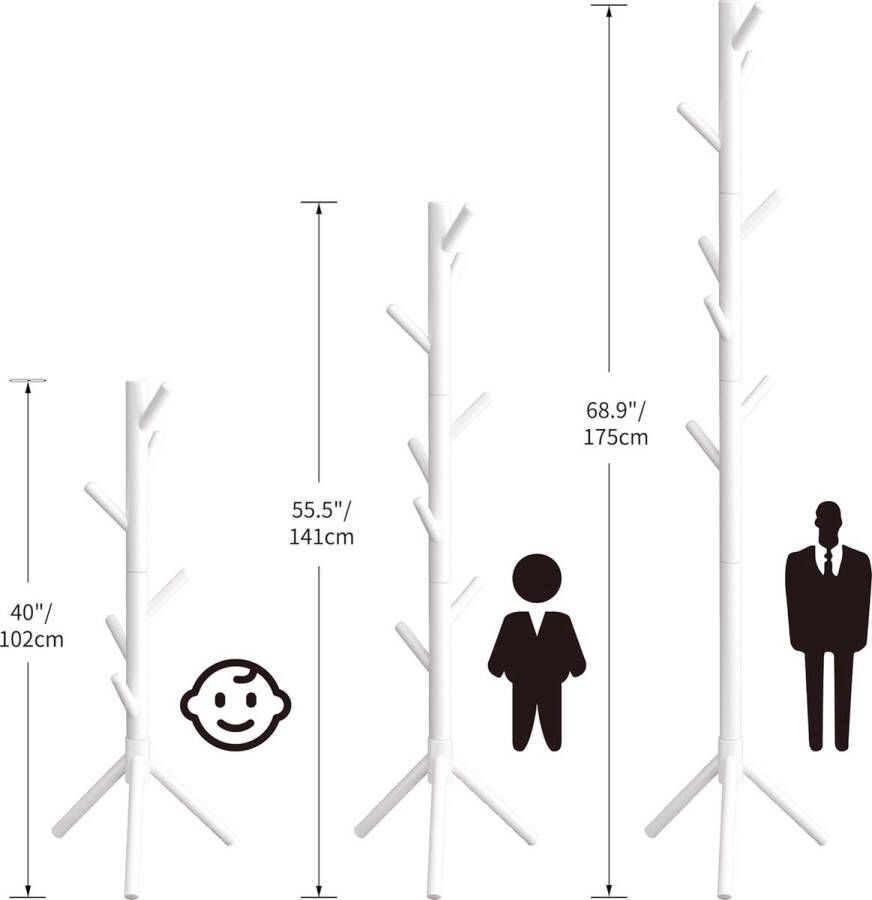 Kapstok Vrijstaande Kledingrek van massief hout met 8 haken 3 verstelbare hoogtes boomvormig voor hoeden kleding tassen voor in de hal woonkamer slaapkamer wit
