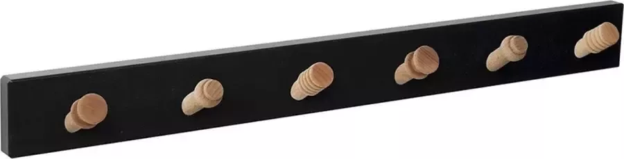 Kapstok Wand Zwart 6 verschillende naturel houten haakjes 60 cm x 6 cm D (inclusief haken) 5 cm